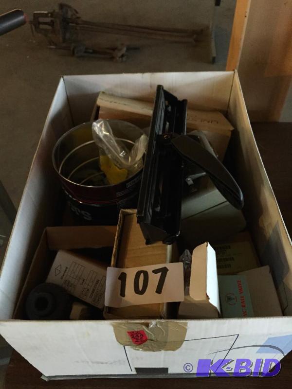 lot 107 image: Box of misc parts, hardware, and other....