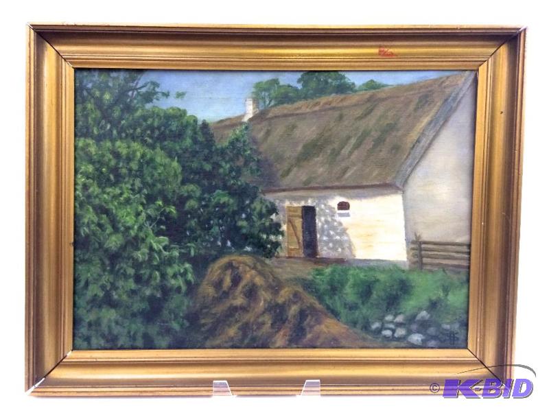 Signed Oil Painting of a French cottage in antique gold frame