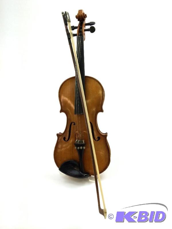 Antique Violin, Case and Two Mother of Pear Inlayed Violin Bows