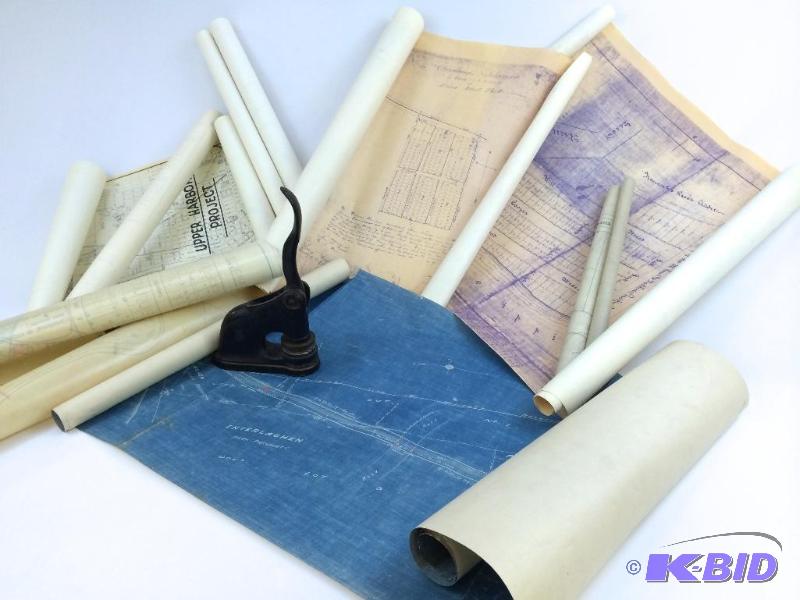 Large Lot of 9 Antique Blue Prints &  Maps with Antique Seal Press