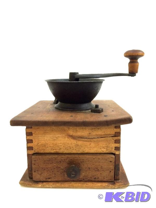 Antique Cast Iron Coffee Grinder Mill Wood Drawer Box Base Handle