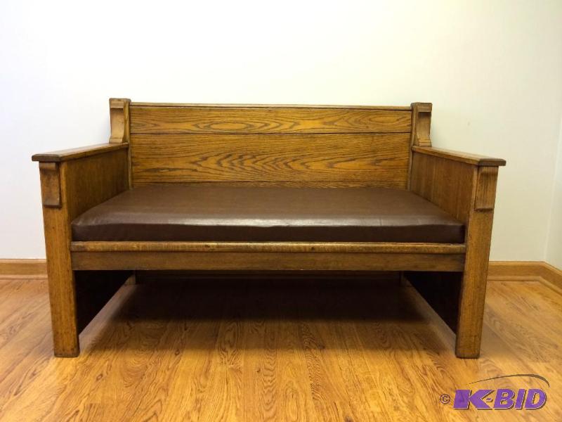 Antique Oak Church bench large with newly redone leather seating