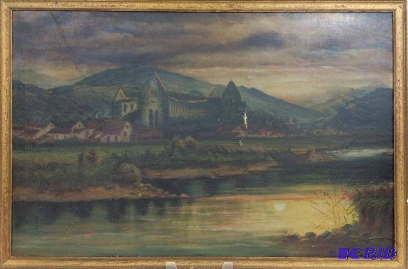 Gothic Era Antique Original Oil Painting of a French Church