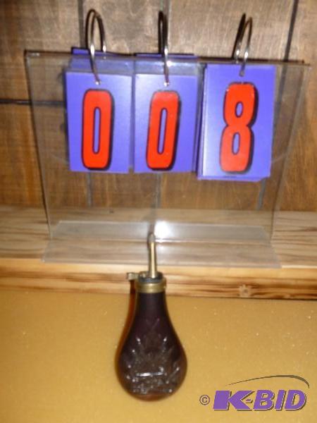 lot 8 image: Copper and brass black powder flask. Like new...