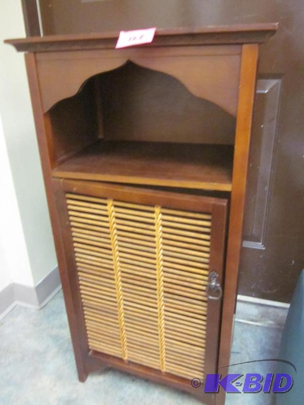 lot 103 image: Solid wood shelving cabinet with door.   ...