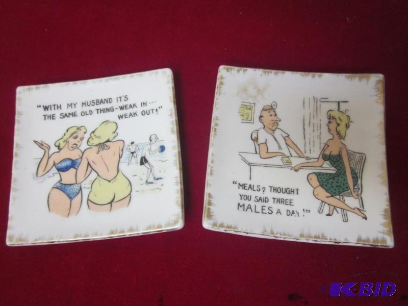 lot 43 image: Pair of 1950s ceramic coasters with comical ...