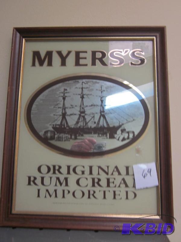 lot 69 image: Myerss framed glass advertising art.   ...