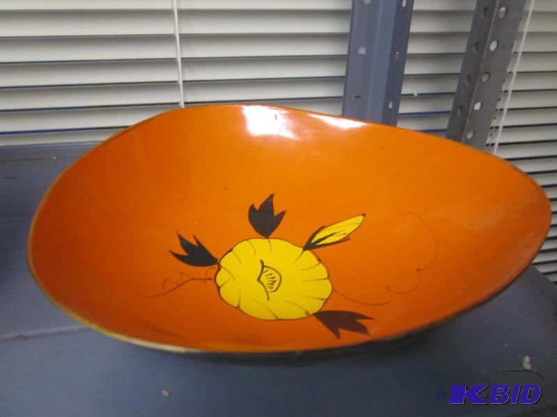 lot 84 image: Enamel over wood Mid Century bowl.     &...