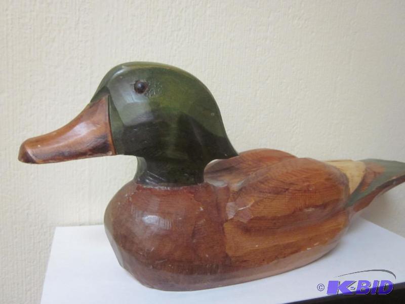 lot 88 image: Hand carved solid wood painted duck decoy wit...