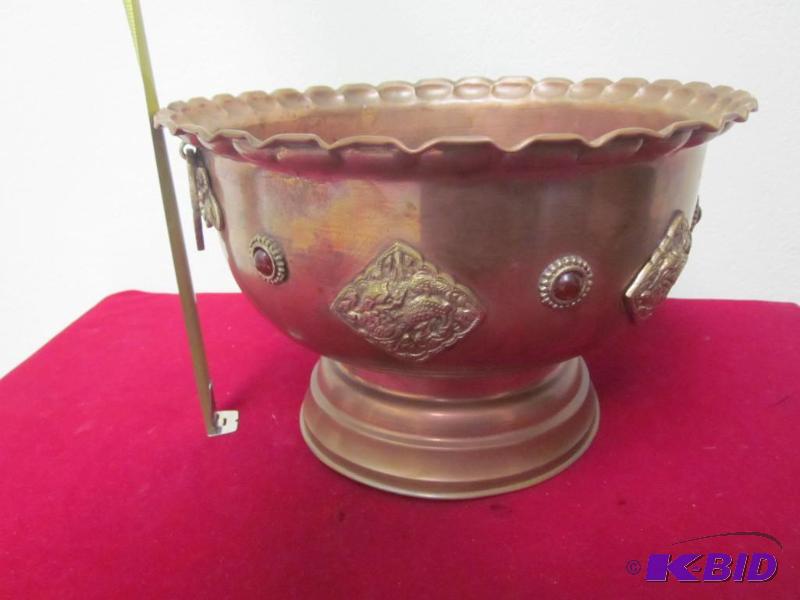 lot 89 image: 11 inch Circa 1900 copper bowl with glass bea...