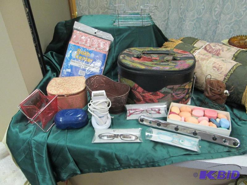 Cosmetic bag, decorative soaps, reading glass...