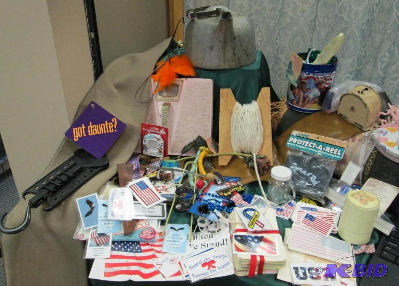 Old steam kettle, gun case, tins, old scale, ...