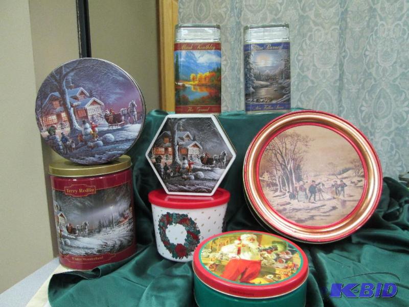 Qty 8-5 tins 2- glass and 1 plastic has winte...