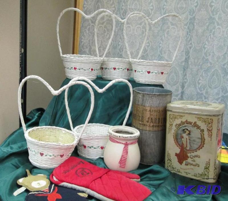 5 White basket with hearts painted on it and ...