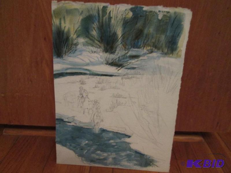 cowboys crossing a river on horseback, orgina...