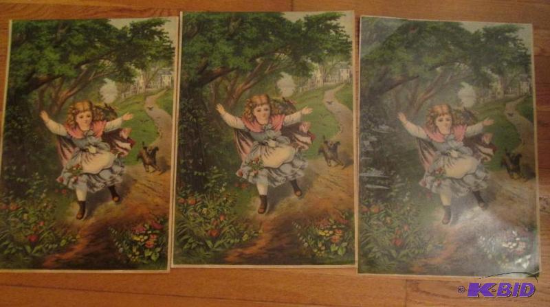 3 identical paintings of a girl and her dog 2...