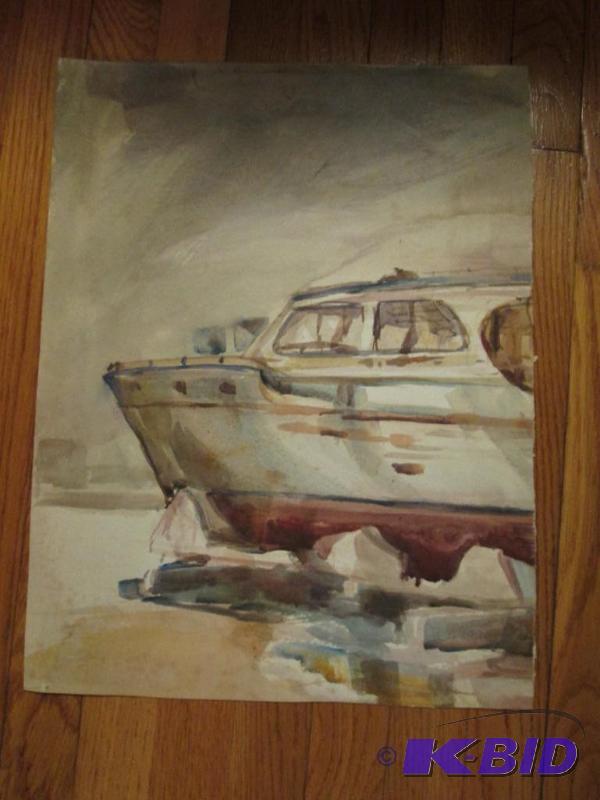 orginal looking boat by dock 20in x 15in...