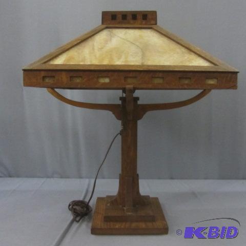 lot 12 image: Arts Crafts Oak Table Lamp