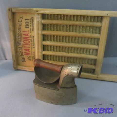 lot 60 image: Coal Clothes Iron, Washboard