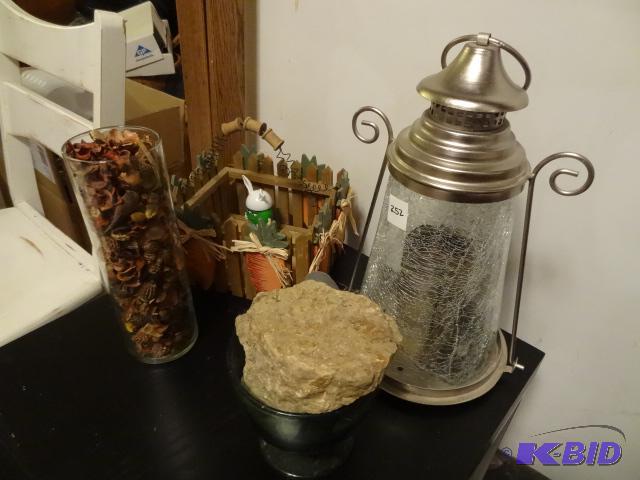 lot 252 image: Wood Basket. Glass with Rocks.Potpouri. Candl...