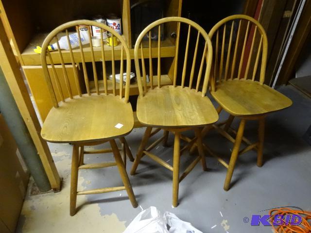 lot 281 image: 3 Wood Swivel Stools. 24" Seat. One is m...