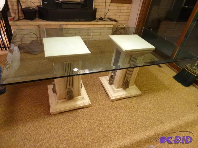 lot 296 image: 72 X 40 X 30 Glass Top Table. 2 Pedestals. Ve...