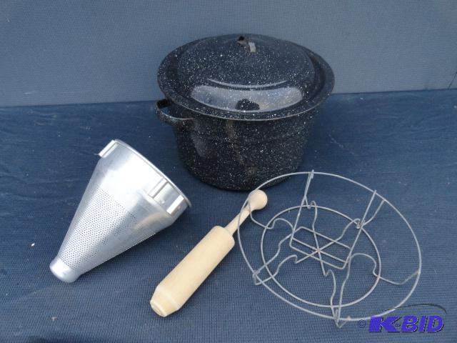 lot 107 image: Blue enamel canning pot with accessories...