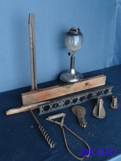 lot 117 image: Early Coleman 72 lantern, ice tongs, Miller F...