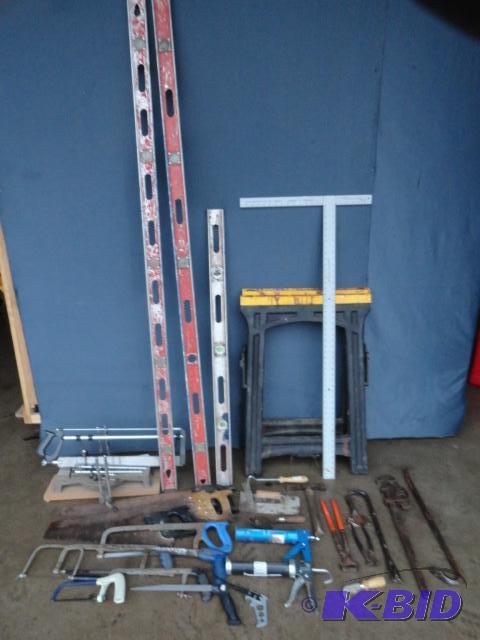 lot 133 image: Selection of tools saws, crow bar, miter saw...