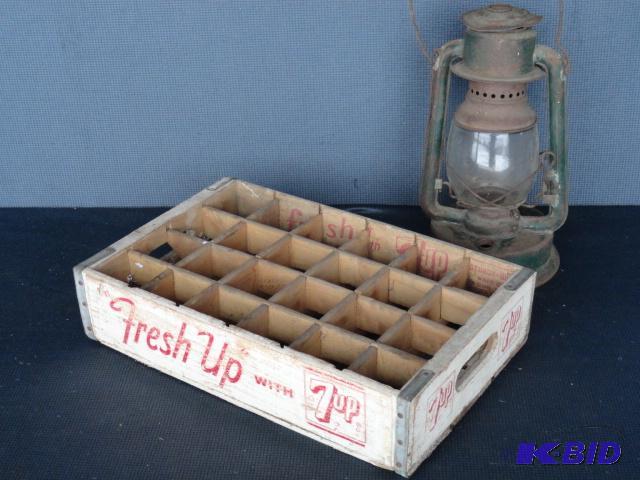 lot 138 image: Wood 7up 24 bottle crate with Paulls lantern...