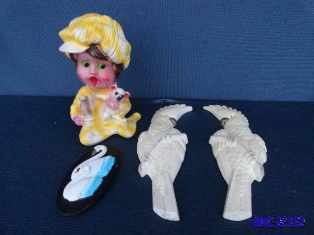 lot 168 image: Plaster child bank, Swans and pair of Parrots...