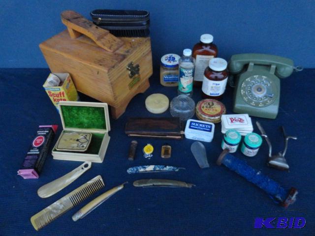 lot 169 image: Early medicine bottles, straight razors, shoe...