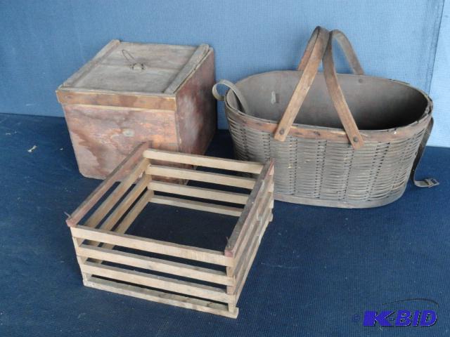 lot 183 image: Wood egg crates with wicker basket- tin lined...