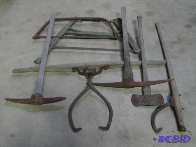 lot 70 image: Tongs, pick-axes, hand saws, double side axe ...