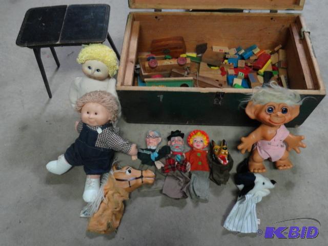 lot 75 image: Wood box full of kid toys, wood blocks, mini ...