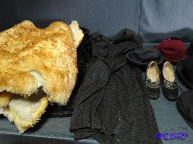 lot 78 image: Early women shoes, hats, dress, comes with th...