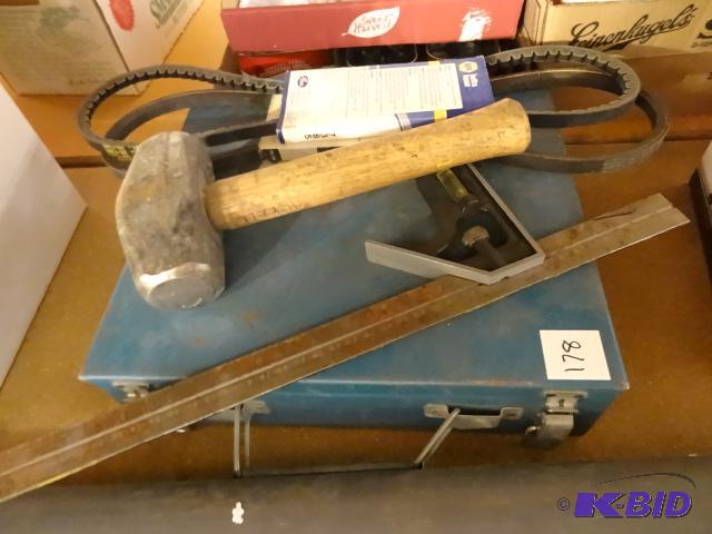 lot 178 image: Large Hammer, Sliding Ruler, Belts. Makita To...