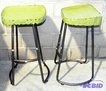 lot 151 image: Pair of Rustic Lime Green Metal Bar Stools - ...