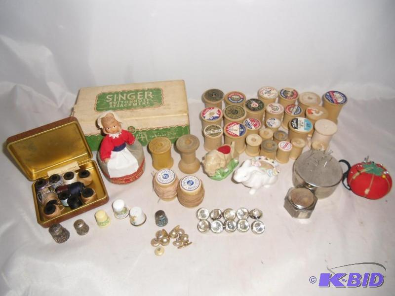 Sewing Collectibles Wood Spools - Pin Cushions  Made Japan, Thimbles Buttons Singer Attachment