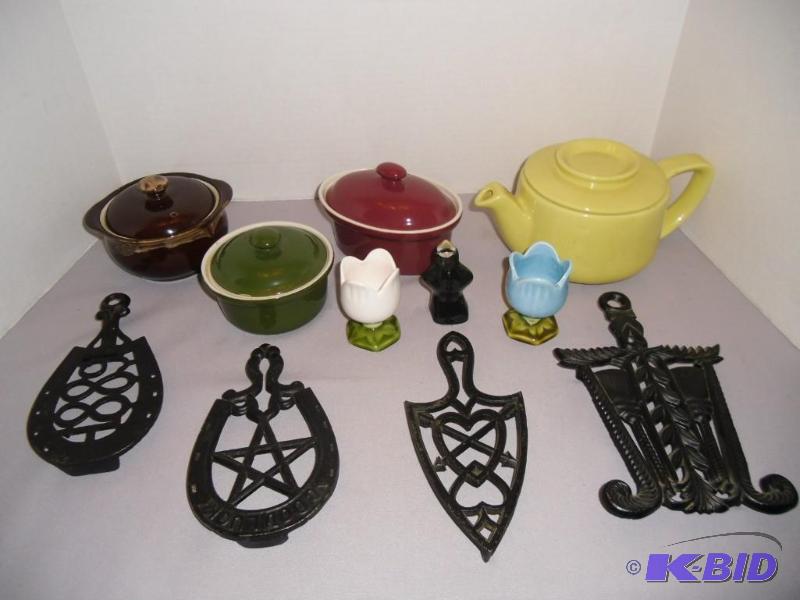 Vintage KItchen  Colorful  Hall Pottery - Cast Iron Trivets  Egg Cups  Pie Bird