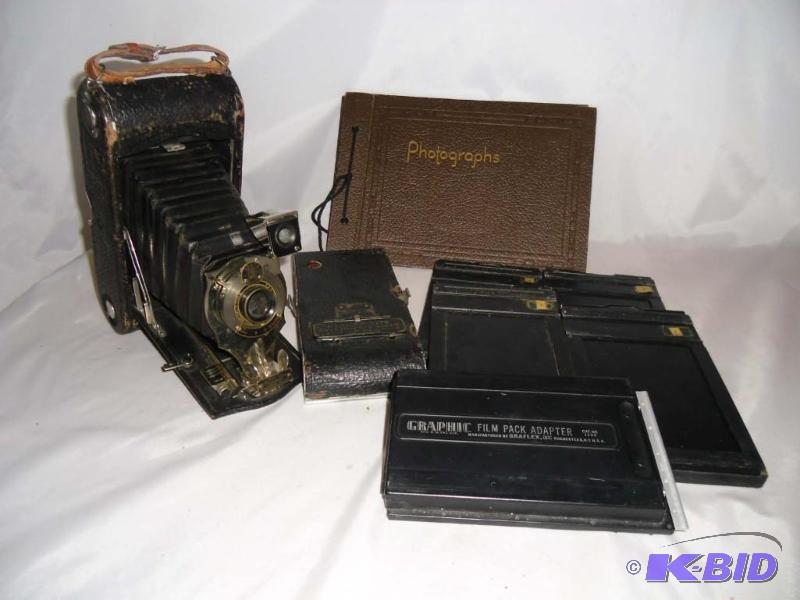 Antique Eastman Kodak Folding Camera  Graphic Film Pack Adapter & Holder & Album