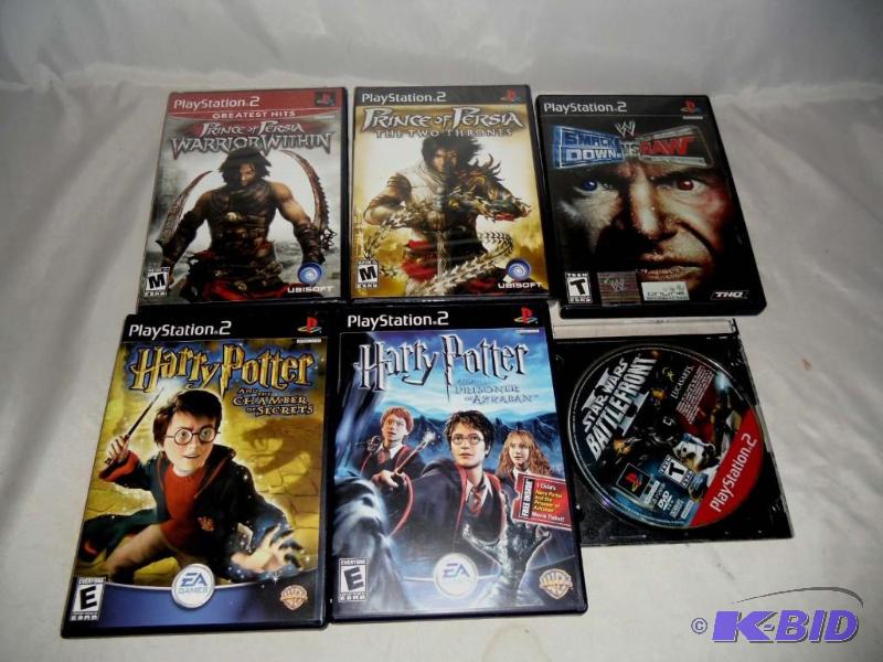 6 Playstation II Video Games Harry Potter  Prince of Persia  Smack Down vs Raw  Star Wars