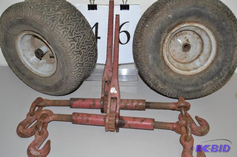 lot 46 image: Chain binders and two 15x600 tires