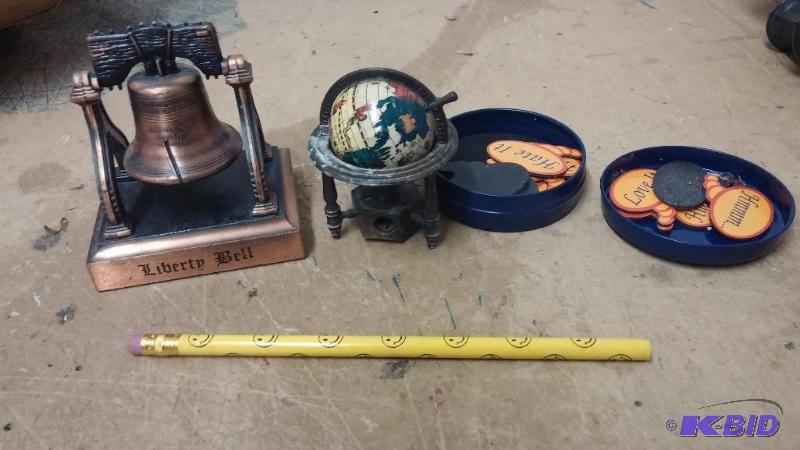 Brass Liberty Bell, globe pencil sharpener an...