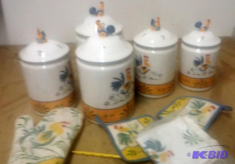 Roaster Kitchen canisters and kitchen towels,...