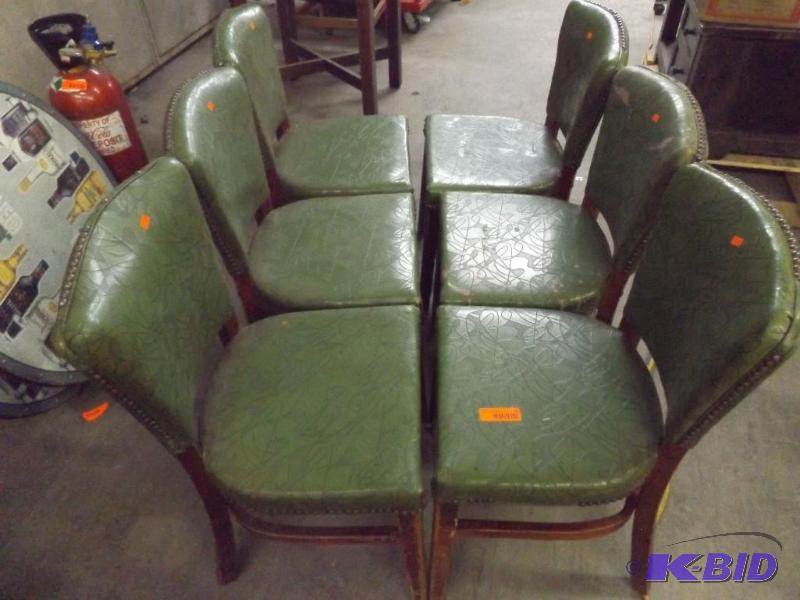 lot 154 image: 6 chairs, green upholstery, wood frame...
