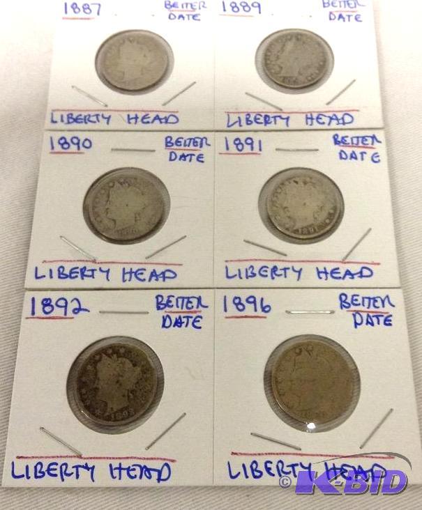Six US vintage liberty head nickels