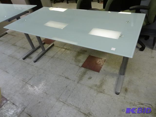lot 167 image: Glass top desk with metal frame. 63 x 32 x 30...