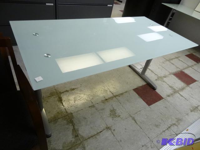 lot 213 image: Glass top desk with metal frame. 36 x 36...