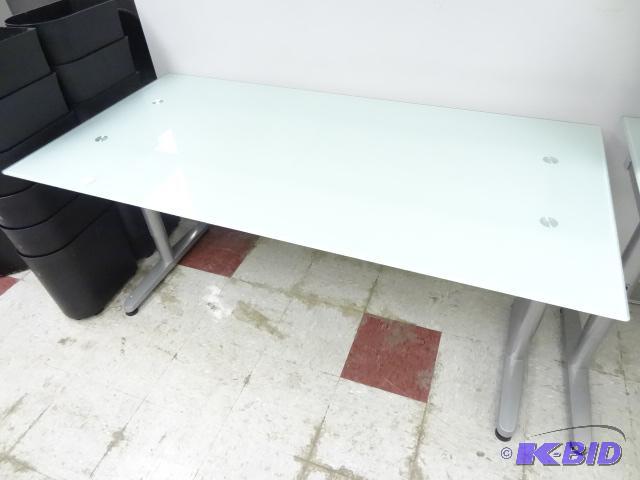 lot 221 image: Glass top office desk with metal frame. 63 x ...